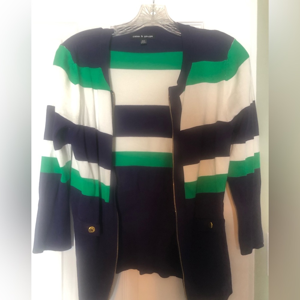 Cable and gauge striped cardigan sweater